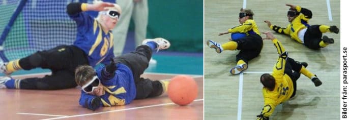 Bildkollage på goalball-spelare. Bilden till vänster föreställer två tjejer som liggande skyddar sitt mål när den orange bollen närmar sig. Bilden till höger visar tre män, också de i liggande position för räddning. Biler hämtade från parasport.se