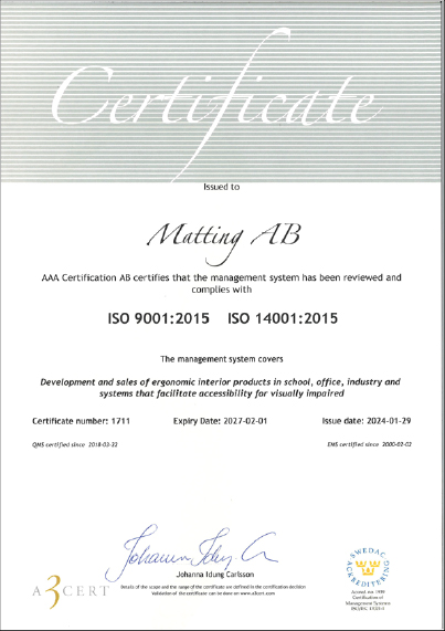 Matting AB - Certifikat ISO 14001 og 9001