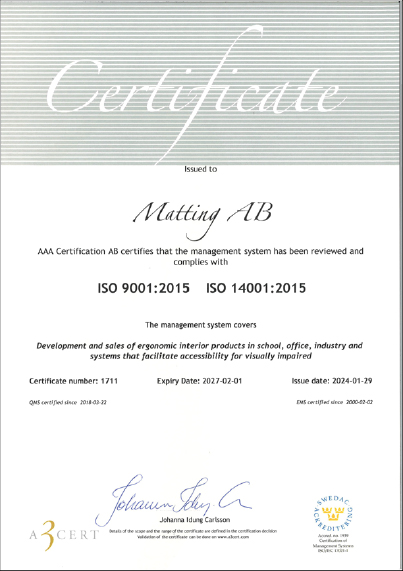 Matting AB - Certifikat ISO 14001 and 9001