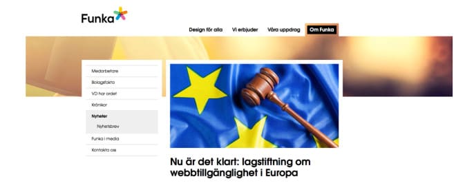 Bild från funka.nu som visar del av en EU-flagga och en ordförandeklubba. Text: Nu är det klart: lagstiftning om webbtillgänglighet i Europa