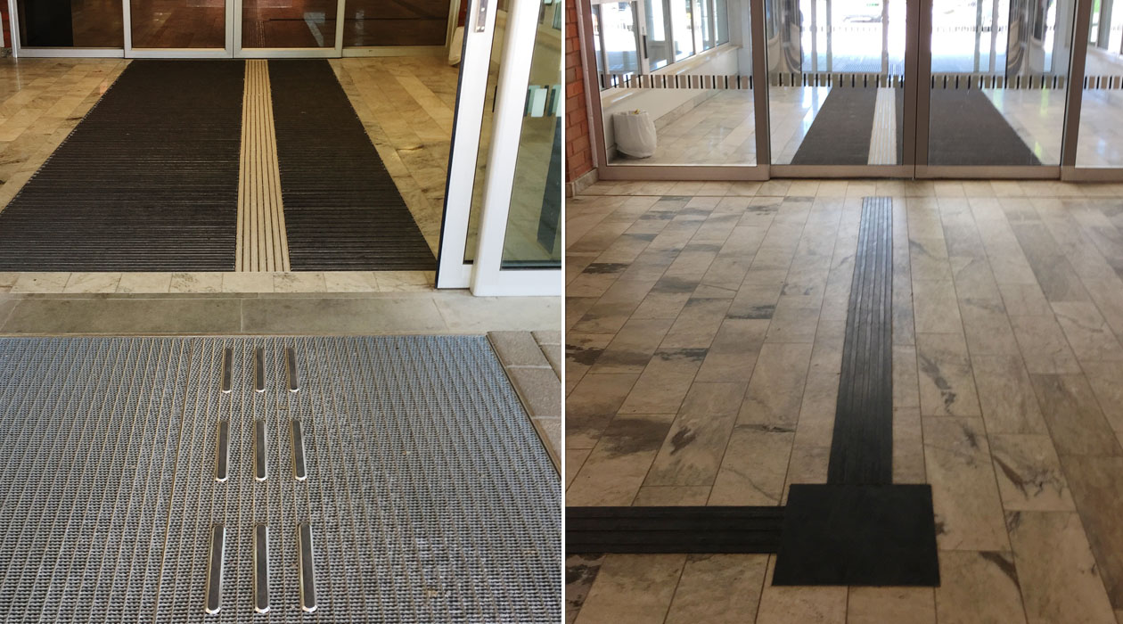 Tactile Flooring- Vrinnevisjukhuset i Norrköping med ny tillgänglig entrélösning. Gummiledstråk inne i foajén.