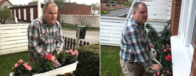 Till vänster: Fredrik planterar sommarblommor i sin blomsterlåda. Till höger: Lådan på plats och det vattnas.