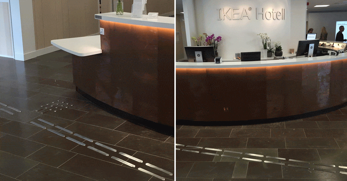 Tre växlande bilder som visar våra rostfria ledstråk Line på IKEA Hotell.